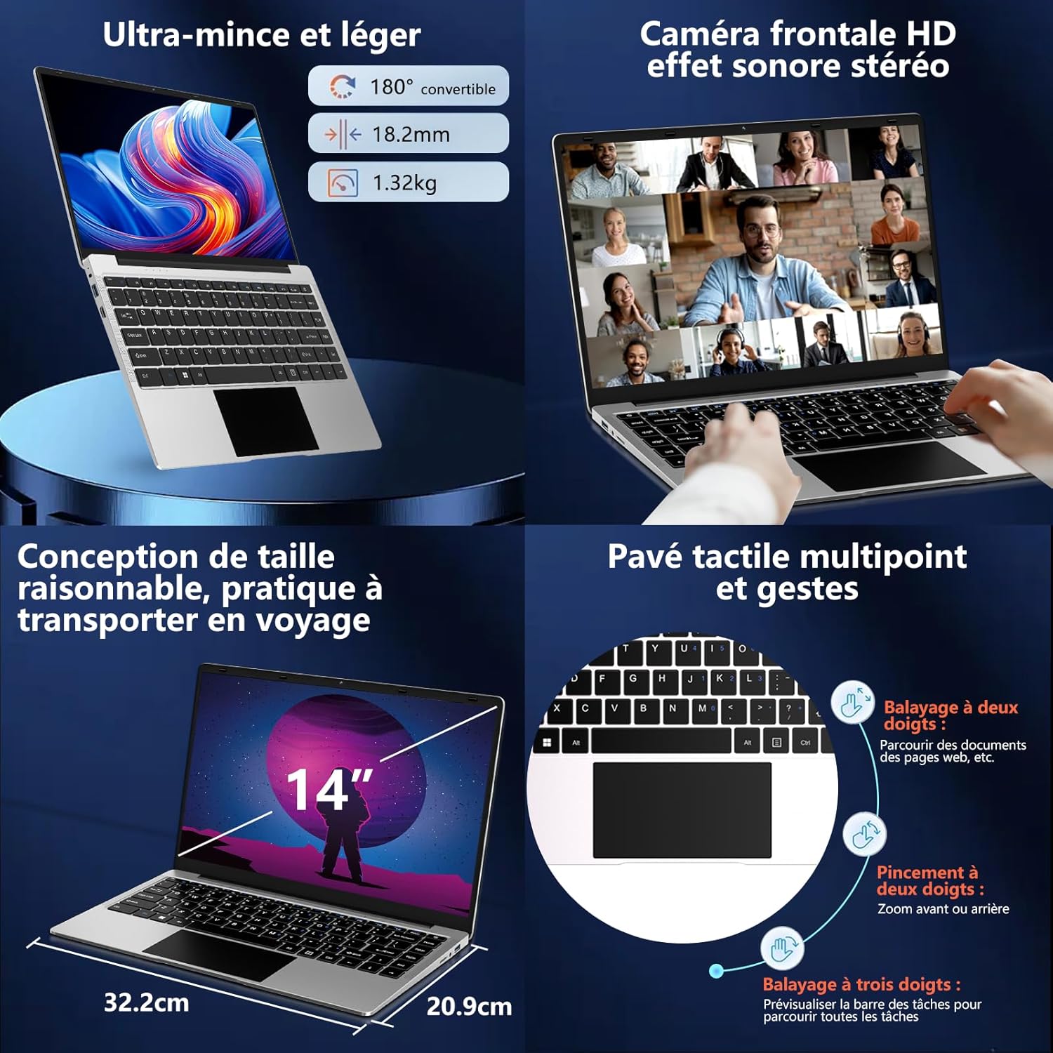 Ordinateur PC Portable 14 Pouces 8+256Go Win11 Celeron N4020 Support 1 To SSD Expansion 2.4G+5G WiFi Bluetooth 4.2 USB HDMI 1920 x 1080 FHD avec souris sans fil & Membrane de clavier AZERTY - Argent-1 – Image 7