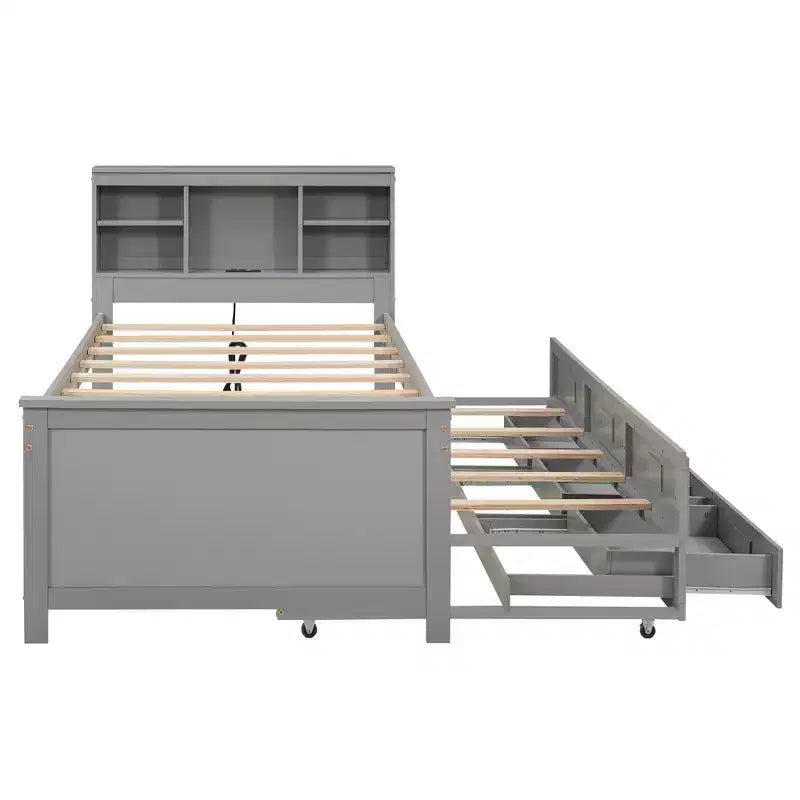 Platform Bed with Trundle and Drawers, Storage Platform Bed with USB, Wood Platform Bed with Bookcase – Image 12