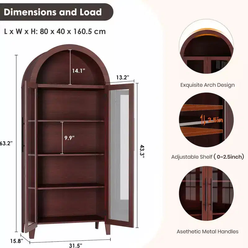Tall Arched Storage Cabinet with Glass Doors, 5-Tier Display Bookcase with Adjustable Shelves for Kitchen or Living Room – Image 10