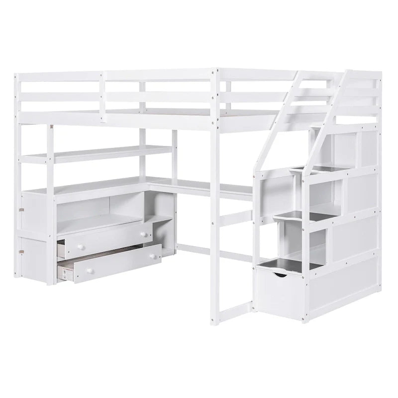Full Size Loft Bed with Desk and Shelves, Two Built-in Drawers, Storage Staircase, Gray – Image 7