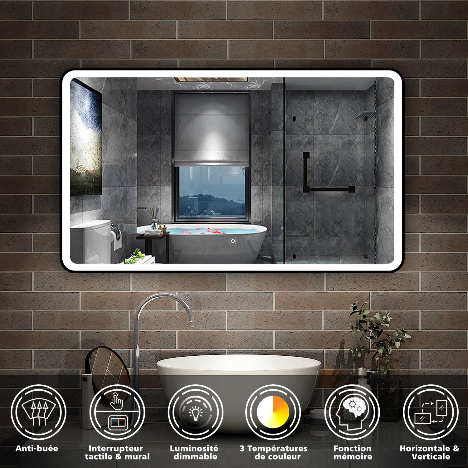 AICA Meuble Salle de Bain 120cm Chêne Wotan Double Vasque + Miroir Lumineux 3 Couleurs + dimmable – Image 2