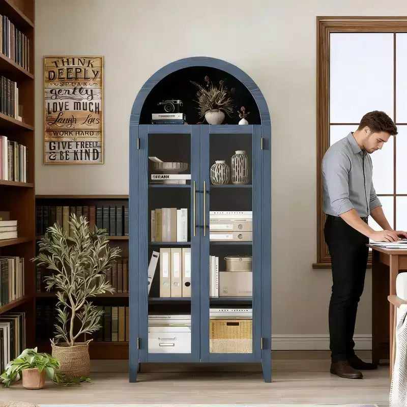 Tall Arched Storage Cabinet with Glass Doors, 5-Tier Display Bookcase with Adjustable Shelves for Kitchen or Living Room – Image 7