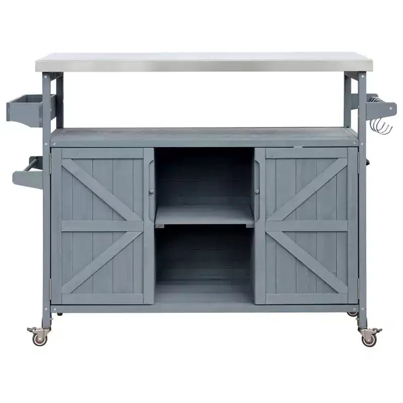 Outdoor Kitchen Island with Stainless Steel Top, Wooden Kitchen Cart with Doors, Shelves and Spice Rack, Rolling Kitchen Island – Image 14