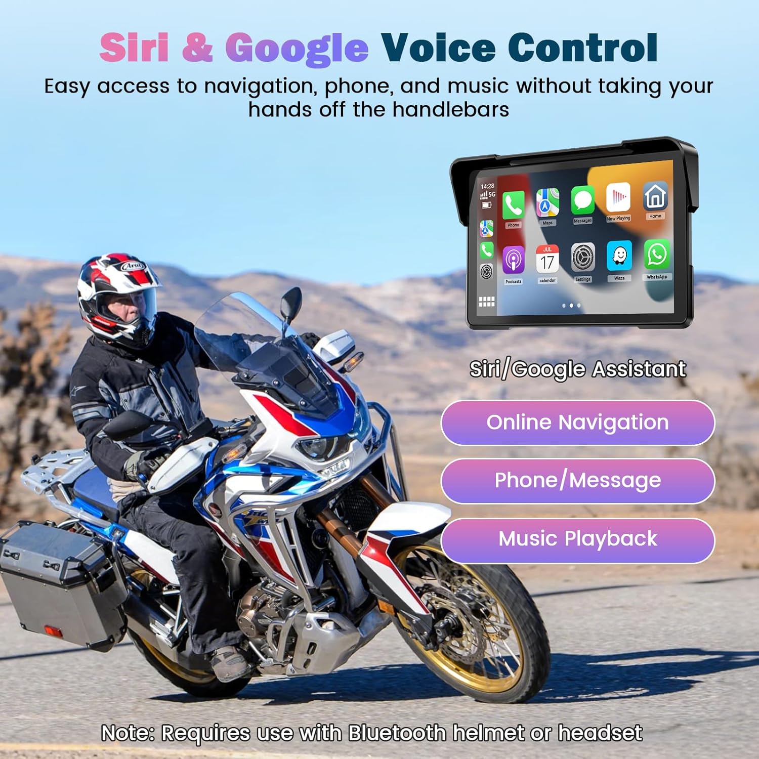 Ecran Carplay Moto avec Carplay & Android Auto, 7 Pouces Portable GPS Moto Etanche, Support Musique Bluetooth, Navigation, Siri/G00gle Assistant, Support Magnétique - Facile Installer et Démonter – Image 3