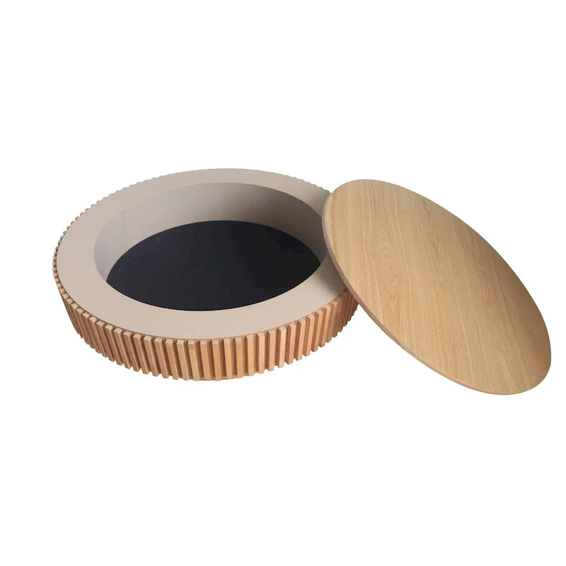 Modern Solid Wood Veneered Round Coffee Tea Table with Storage – Image 42