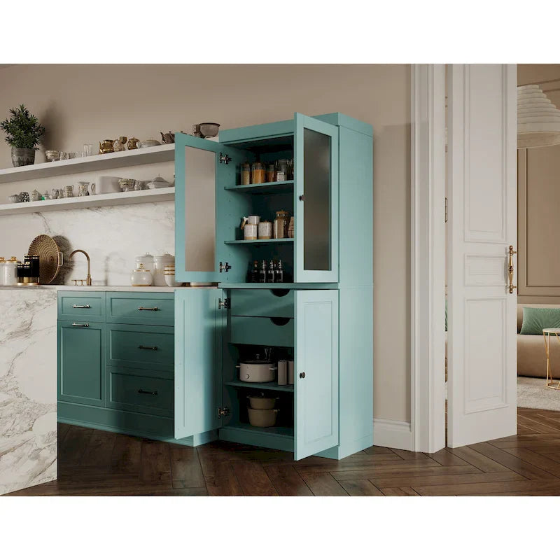 100% Solid Wood Pantry Cabinet with Frosted Glass Doors, Solid Doors, 2-Drawers and Adjustable Shelves – Image 16
