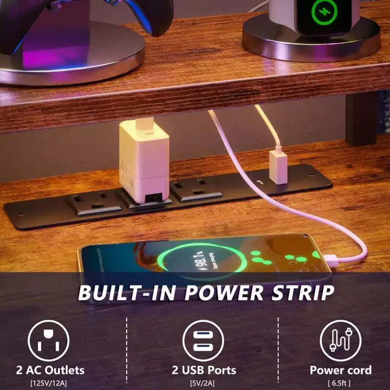 66 L-Shaped Gaming Desk with RGB LED, Charging Station, 2 Drawers & Monitor Stand – Brown – Image 6