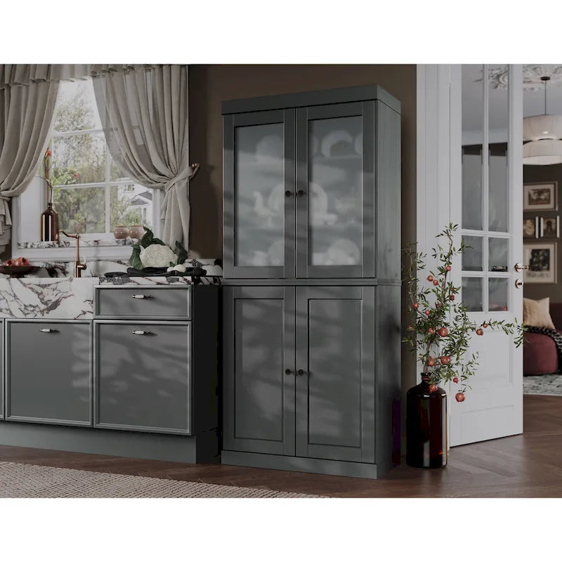 100% Solid Wood Pantry Cabinet with Frosted Glass Doors, Solid Doors, 2-Drawers and Adjustable Shelves – Image 26