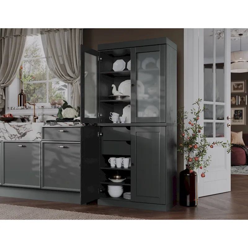 100% Solid Wood Pantry Cabinet with Frosted Glass Doors, Solid Doors, 2-Drawers and Adjustable Shelves – Image 4