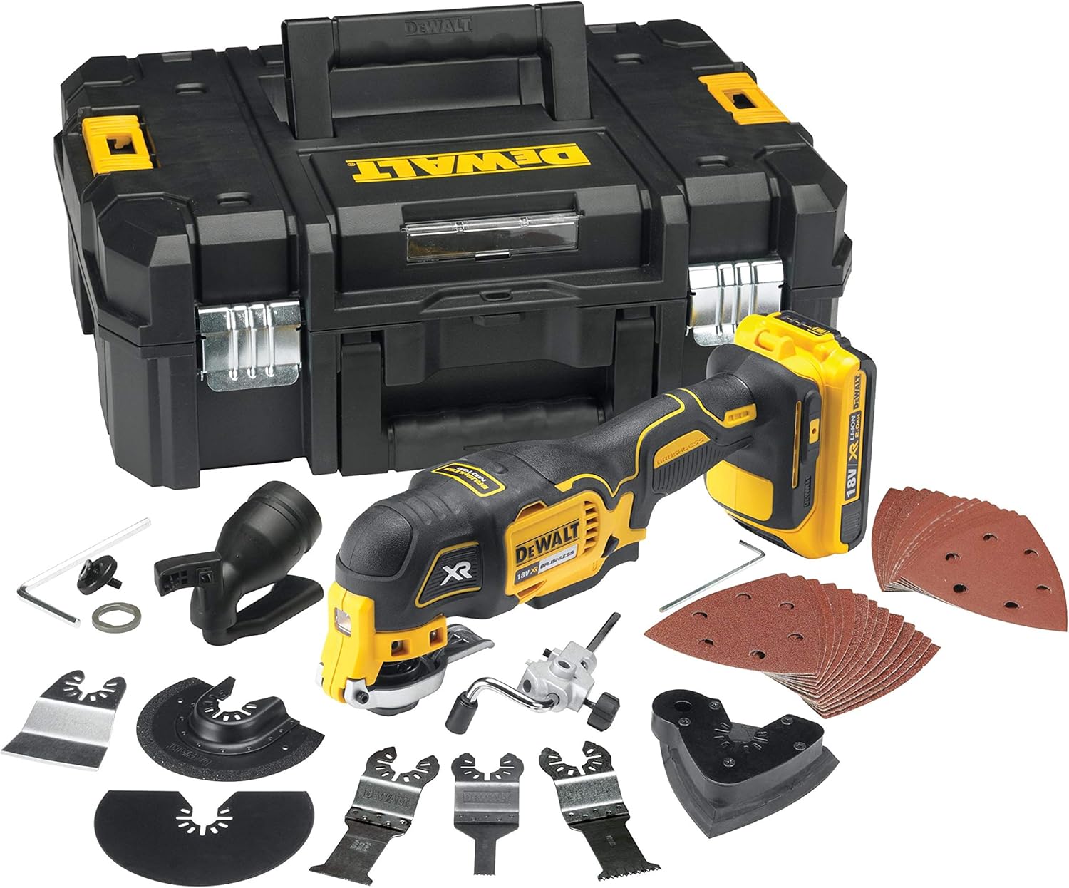 Multi-Cutter Brushless - XR 18V - DCS355D2-QW - Multi-Cutter sans Fil en Coffret avec 2 Batteries, Chargeur et 32 Accessoires - Outil Idéal pour Découpe et Ponçage - 20000 orb/min Argenté