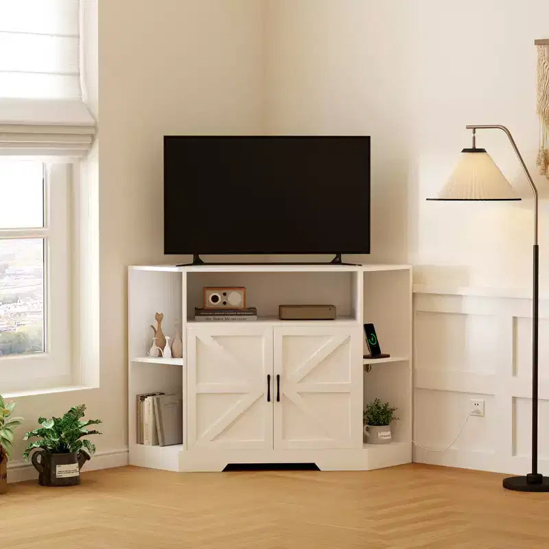 Corner TV Stand for TVs up to 55 Farmhouse Barn Door Media Console with Open Shelves & Storage Cabinet, White – Image 5