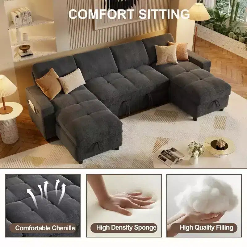 104 U-Shaped Convertible Sleeper Sofa Bed with Storage – Image 11