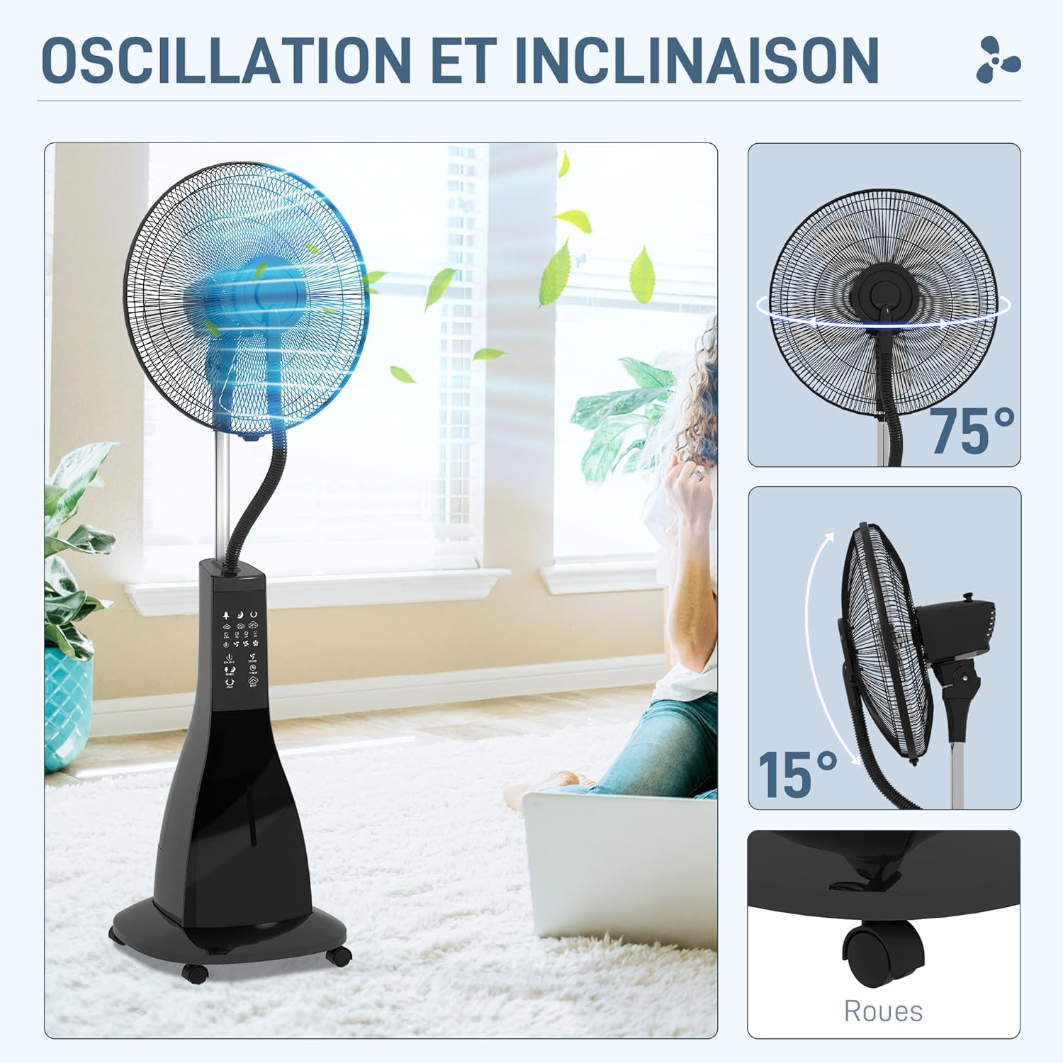 HOMCOM Ventilateur brumisateur sur roulettes ventilateur sur pied 90 W télécommande affichage LED télécommande minuterie 3 modes 3 vitesses oscillant, inclinable réservoir 3L - noir – Image 5