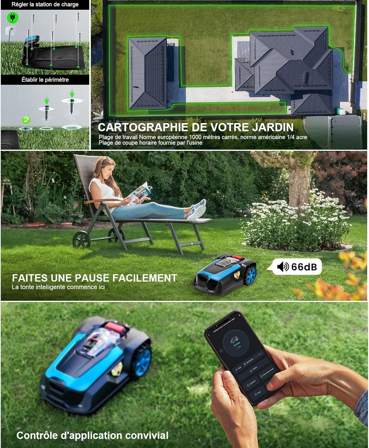 LEADZM Robot Tondeuse sans Fil Automatique 1200m² - Recharge Auto, Contrôle App Bluetooth/Wi-FI, Hauteur de Coupe 25-65 mm, Largeur de Coupe de 220 mm, Pente 47%, Étanche IPX5 – Image 8