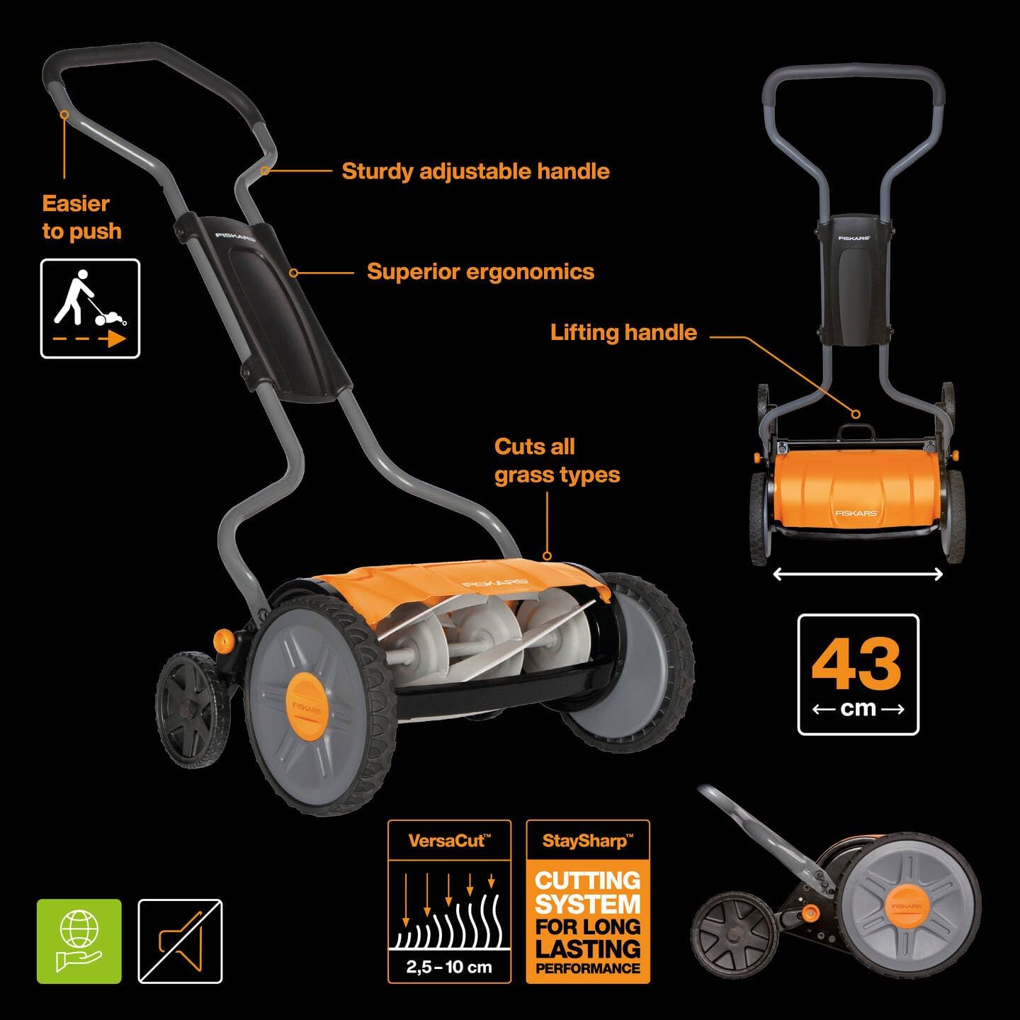 Fiskars Tondeuse à gazon manuelle, Tondeuse à cylindre avec système de coupe sans frottement des lames, Largeur de coupe: 43 cm, StaySharp Plus, Noir/Orange/Argenté, 1015649 – Image 3
