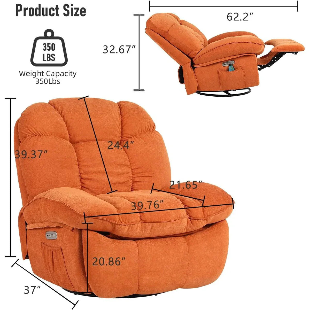XINMICS Swivel Power Recliner Chair, Massage Rocker Recliners with Heated ,USB, USB-C and Side Pocket – Image 9