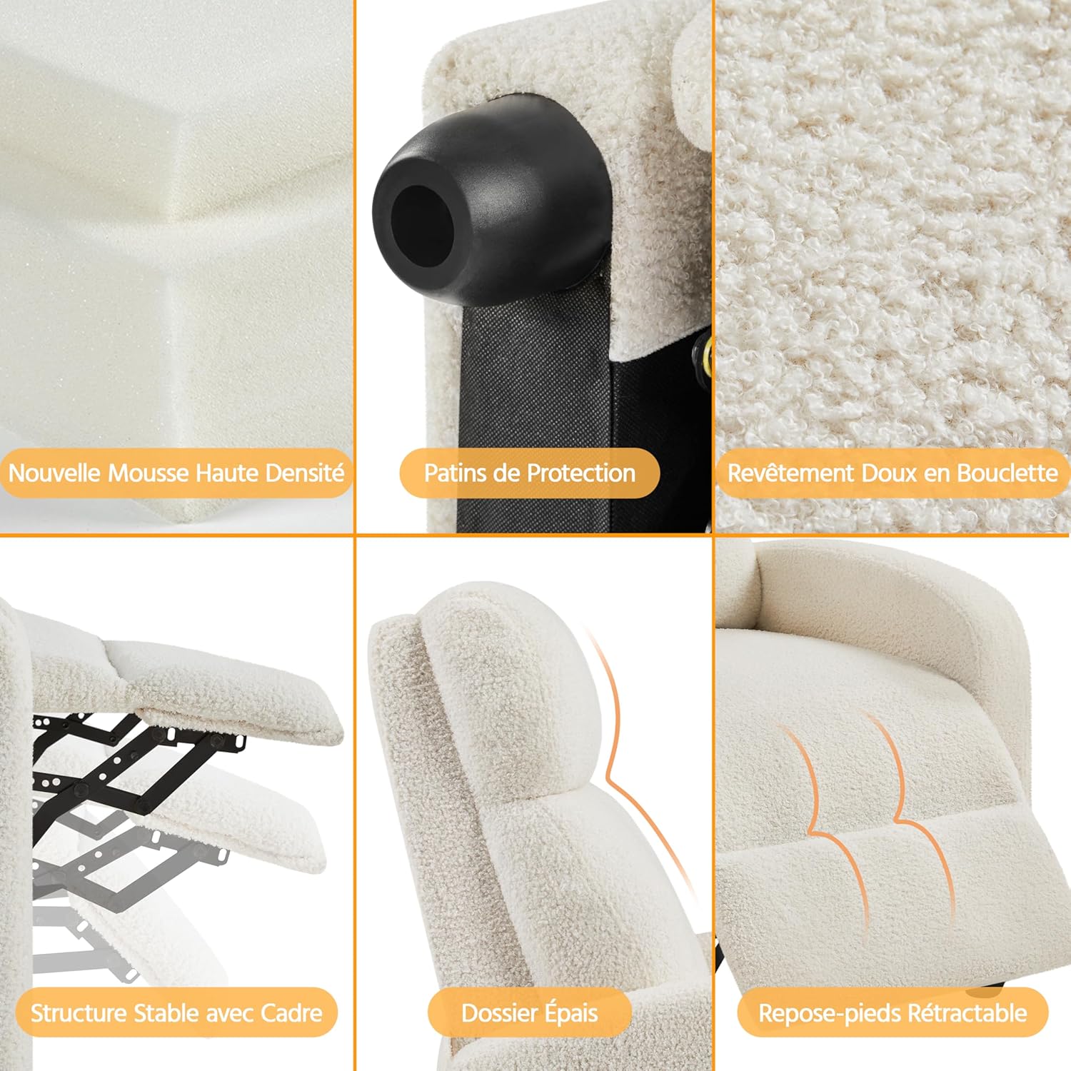 Yaheetech Fauteuil de Relaxation Chaise de Détente Siège de Canapé Fauteuil en Tissu Bouclette Doux avec Repose Pied/Chambre à Coucher/Home Cinéma/Salon Ivoire – Image 5