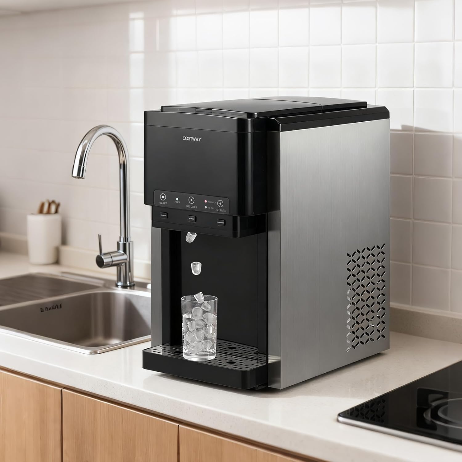 COSTWAY 3 en 1 Distributeur d'Eau avec Machine à Glaçons en Cubes et Glace Pilée 20 kg en 24h, Refroidisseur d'Eau de Comptoir, Remplissage Manuel/Automatique, pour Maison, Cuisine, Bureau – Image 4