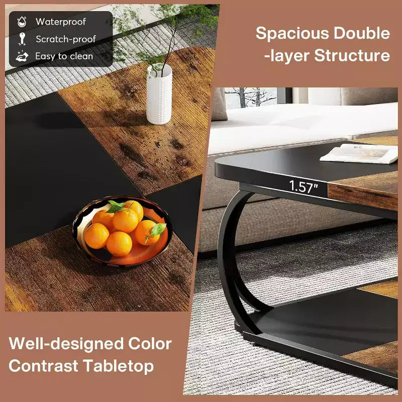 Lantine 40-Inch Square Coffee Table with 2 Tiers, Low Farmhouse Table with Storage Shelf for Living Room, Black Rustic Brown – Image 4