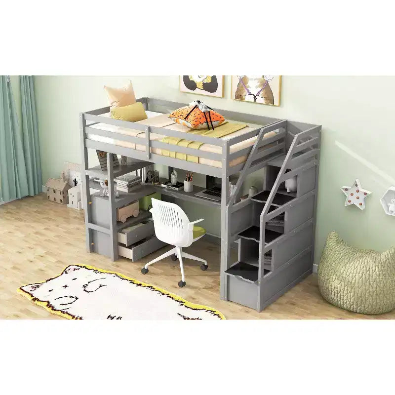Okak Full/Twin Size Solid Wood Bunk Bed with 2 Built-in Drawers & Storage Staircase Loft Bunk Bed with Desk & Shelves for Kids Teens, Easy Assemble – Image 5