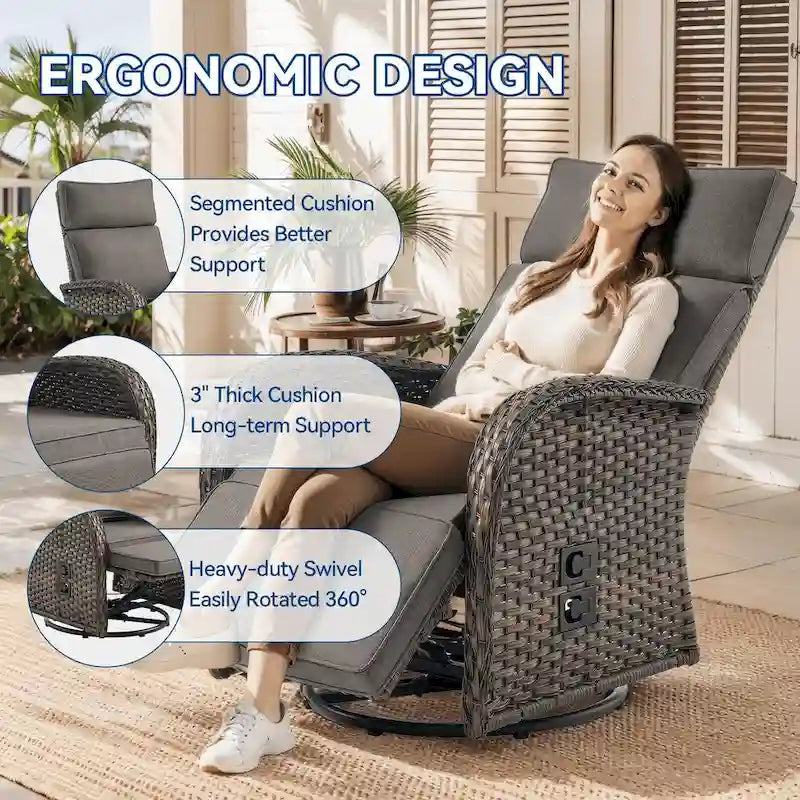 Pocassy 3PCS Versatile Outdoor Recliner Chair with Side Table Grey Cushion – Image 5