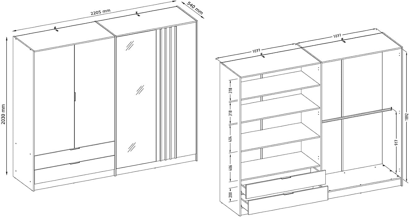 Vente-unique - Armoire 4 Portes et 2 tiroirs - avec Miroir - L220 cm - Coloris : Noir et Naturel - TUNALO – Image 3