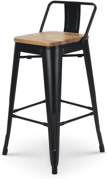 Kosmi Lot de 4 tabourets de Bar en métal Noir Mat Style Industriel avec Dossier et Assise en Bois Clair - Hauteur 66cm – Image 4