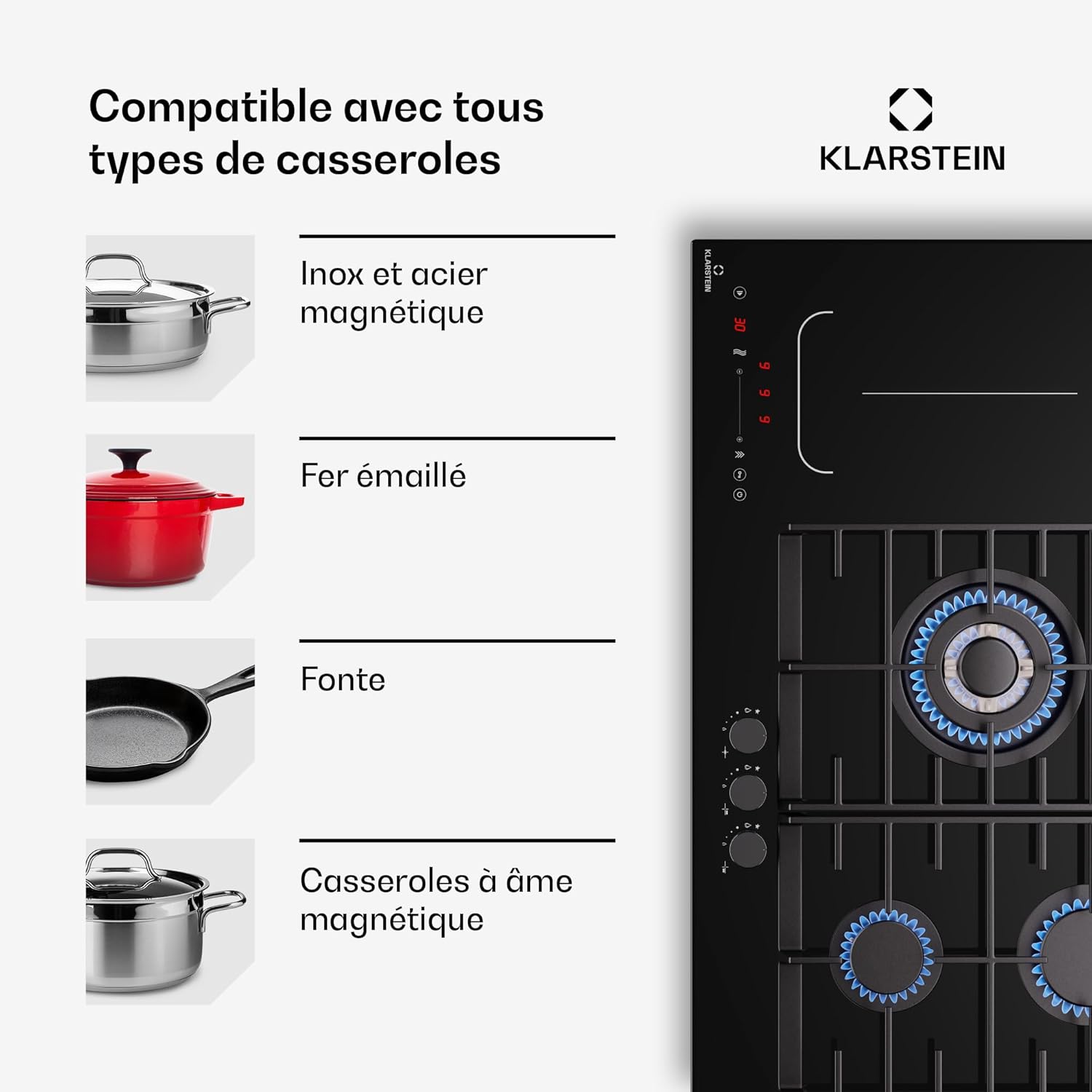 Klarstein MultiChef 5 Plaque Induction Et Gaz - 5 Zones, Flexzone, 10,6 Kw, Commande À Glissière, Stop&Go, Minuterie, Noir, 87,5 Cm – Image 6