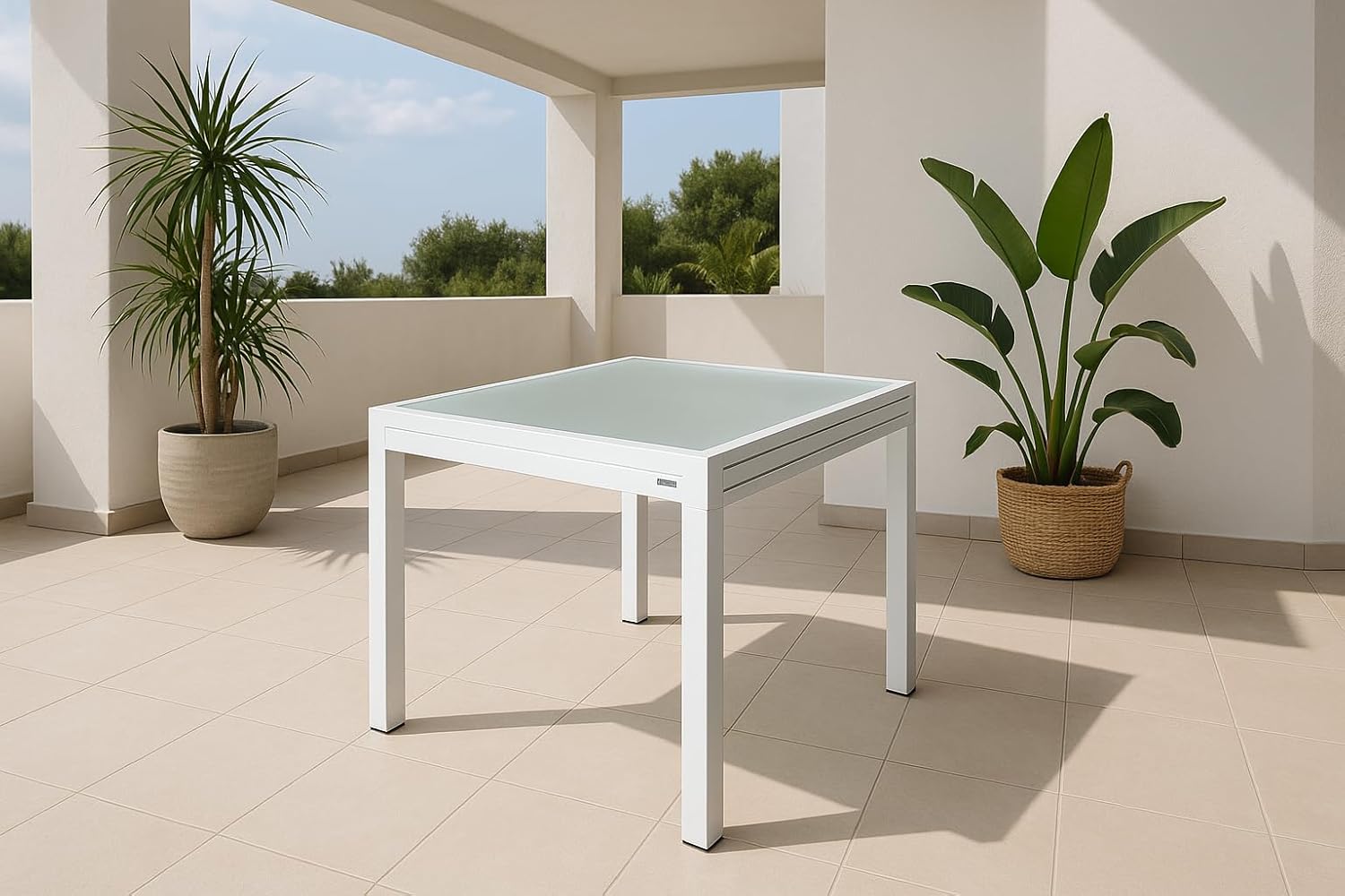 MOMMA HOME Table extensible de jardin en aluminium et verre trempé - Table carrée extensible d'extérieur - Dimensions 90/150 x 90 x 74 cm (blanc) – Image 9