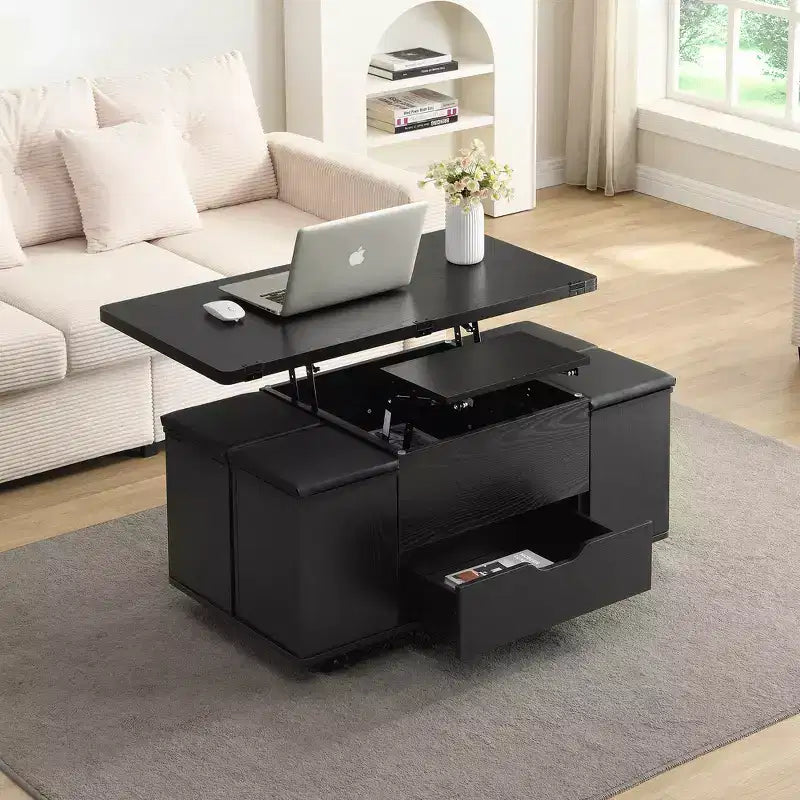 Zeus & Ruta Multi-Function Modern Lift-Top Coffee Table with Hidden Storage, 4 Stools and Casters, Perfect for Modern Living Spaces – Image 5