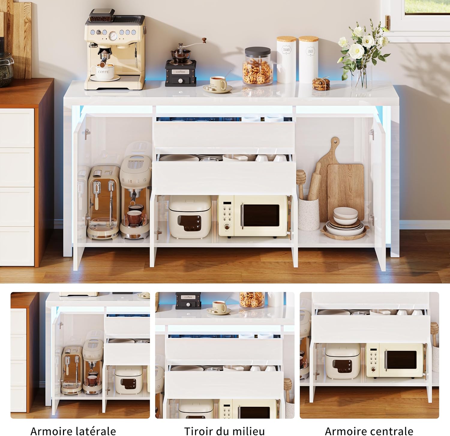 LONELYO Buffet Blanc Laqué 4 Portes2 Tiroirs avec Éclairage LED, Meuble de Rangement Moderne pour Salon, Cuisine ou Entrée, Design Haut Brillant Blanc – Image 3