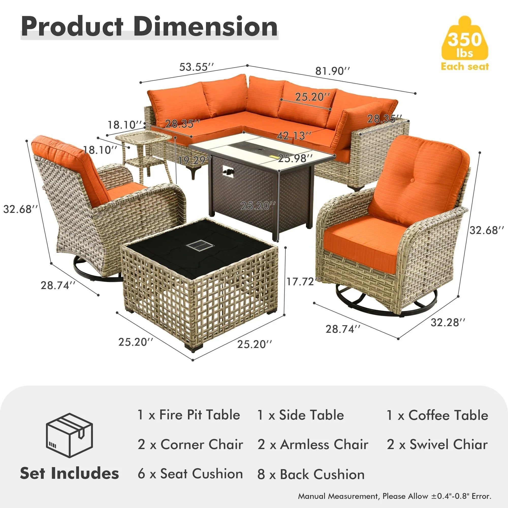 OVIOS 9 Pieces Outdoor Wicker Swivel Chair Set With Fire Table – Image 59