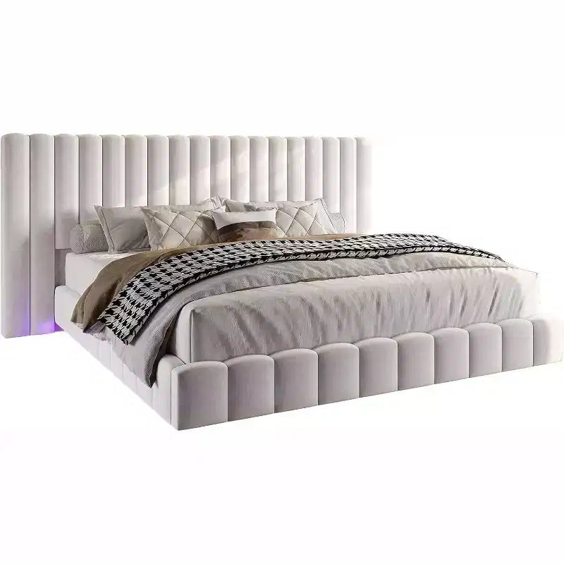 AMERLIFE Upholstered Platform Bed with LED Lights, Floating Design, Solid Slat Support – Image 10