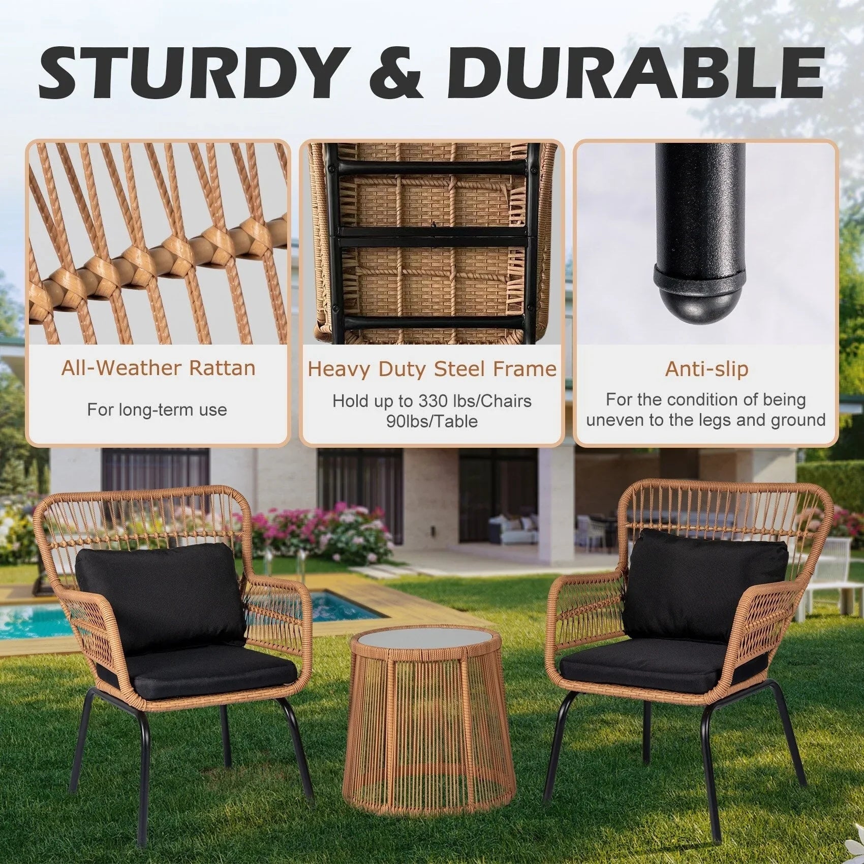 3 Piece Outdoor Wicker Conversation Bistro Set, All-Weather Rattan Furniture Patio Chairs Set with Cushions – Image 46