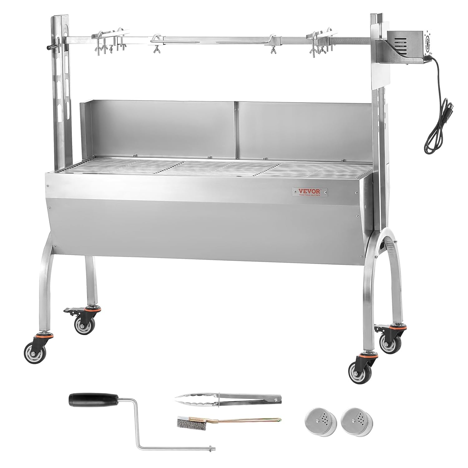 VEVOR Barbecue à Charbon avec Tournebroche Électrique 52 W Charge 90 kg, Rôtissoire Barbecue 118,5 cm, en Inox, avec Pare-Brise et Roues Verrouillables, pour Rôtir Agneau Porcelet Poulet Camping – Image 9