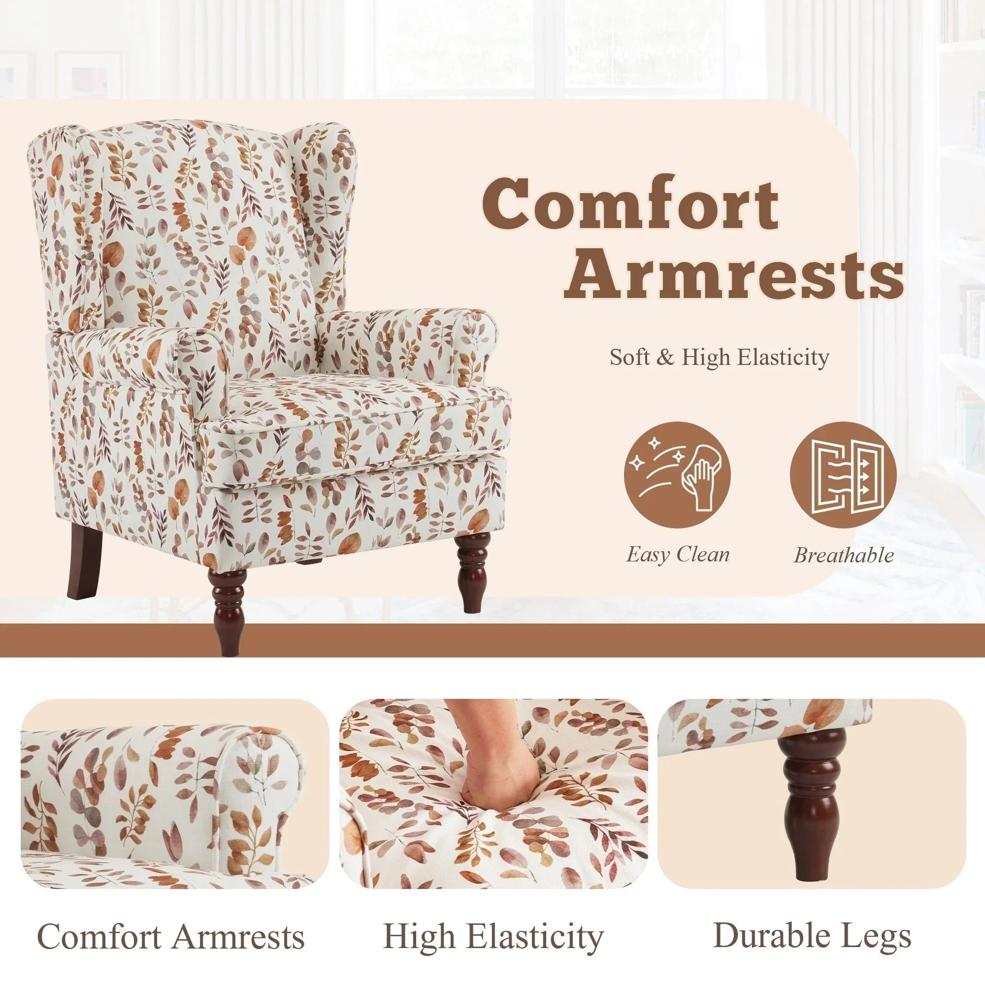 Erommy Modern Accent Chair, High Back Armchair, Upholstered Fabric Button Single Sofa with Wooden Legs for Living Room – Image 91