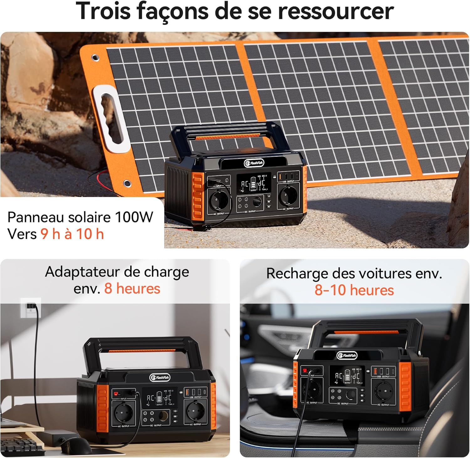 FlashFish 520Wh Generateur Electrique avec Panneau Solaire 100W,Station Electrique Portable avec 2x CA 560W(crête 1100W),5x Sorties CC et 4x USB,Batterie de Secours pour Camping,Extérieur,Domestique – Image 5