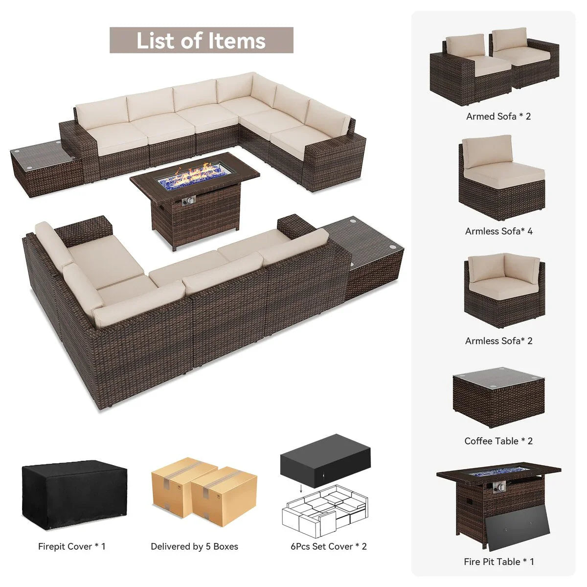 13 Pieces Patio Furniture Set with 44Fire Pit Table – Image 3