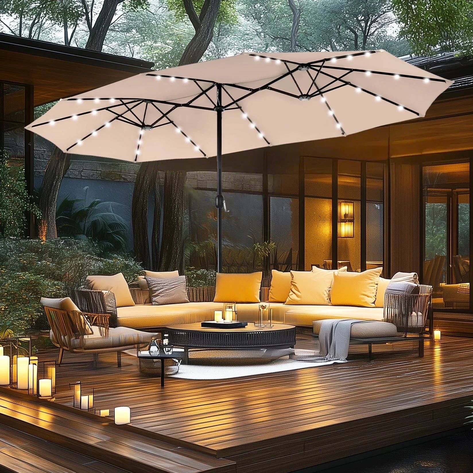 MAISON ARTS 15-foot Rectangular Crank Double-sided Outdoor Market Umbrella Solar LED Lighted Patio Umbrella with Base Included – Image 2