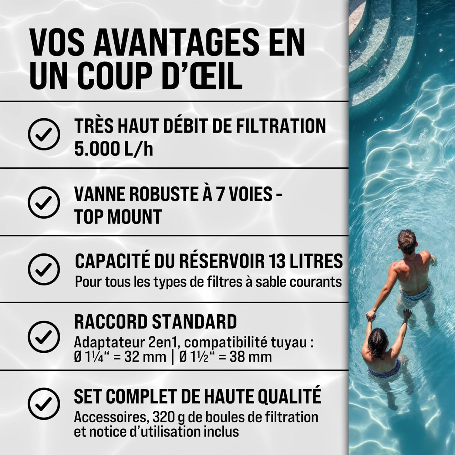 MONZANA® Pompe filtre à sable 5 m³ auto-amorçante pour piscines jusqu'à 15 m³ boules vanne 7 voies raccord 2en1 Ø32-38mm système de filtration à sable – Image 8