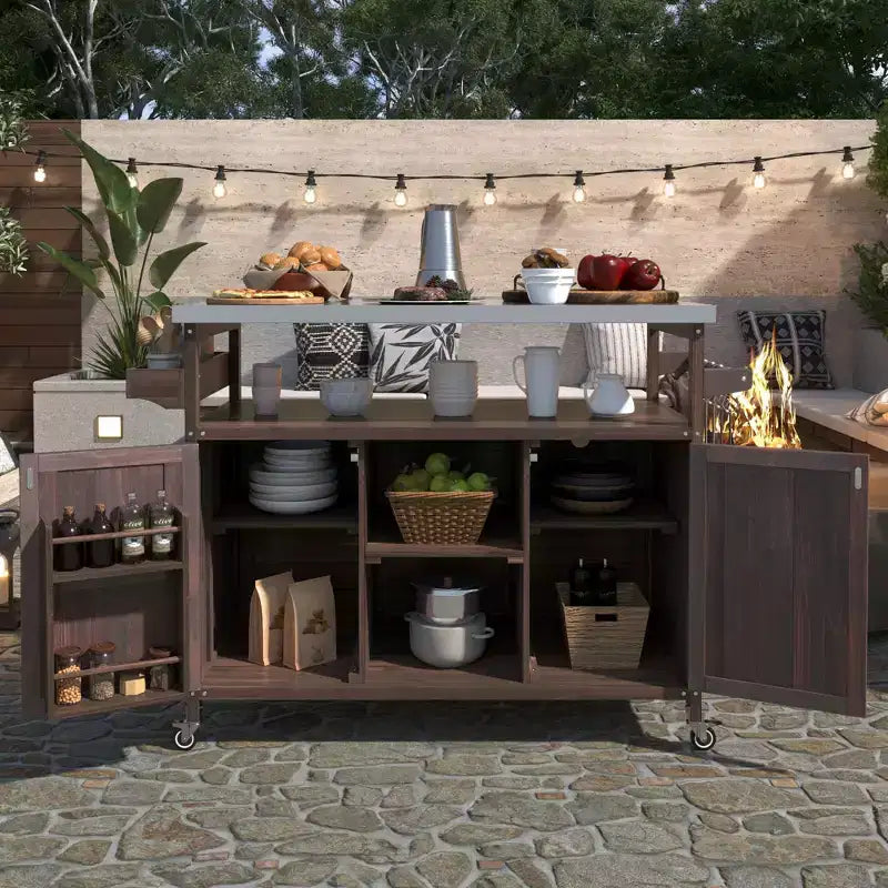 Outdoor Kitchen Island with Stainless Steel Top, Wooden Kitchen Cart with Doors, Shelves and Spice Rack, Rolling Kitchen Island – Image 17