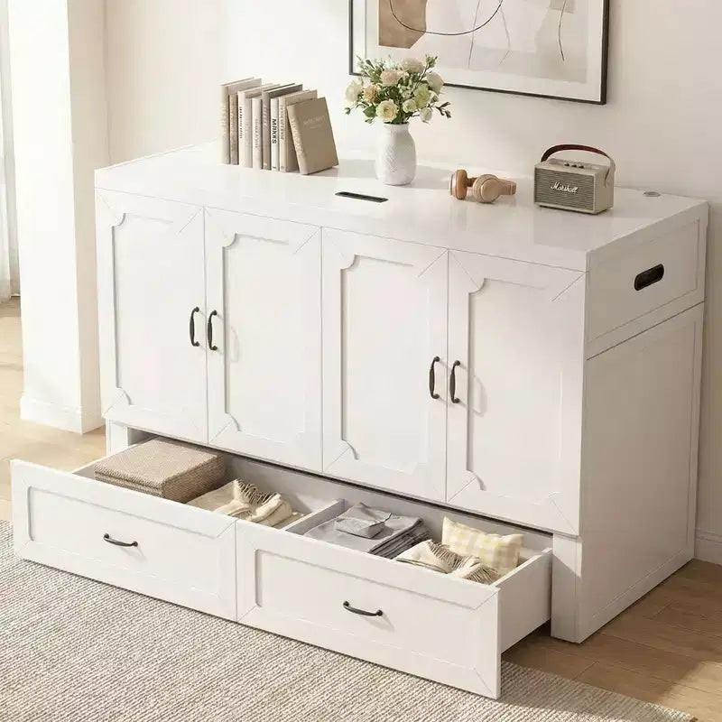 Mjkone Queen Size Convertible Murphy Cabinet Bed with Mattress, USB Charging, Storage Drawers – Image 36
