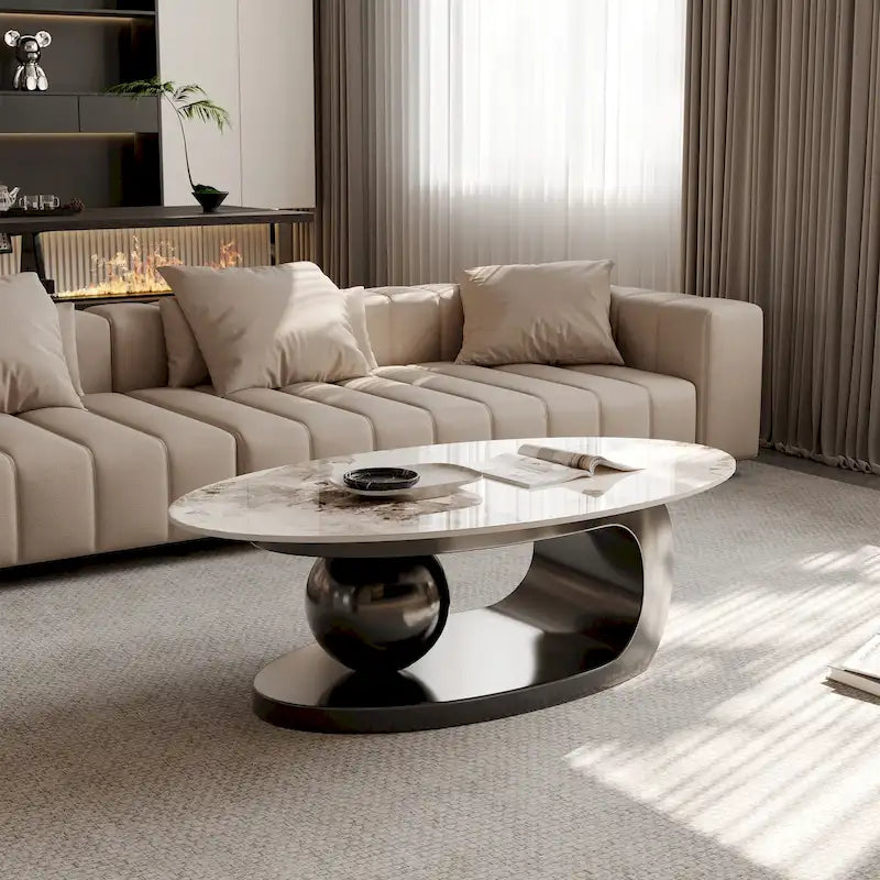 51 Modern Pandora Oval Coffee Table with Glossy Sintered stone top, Luxury Coffee Table, Stainless Steel Legs for Livingroom – Image 13