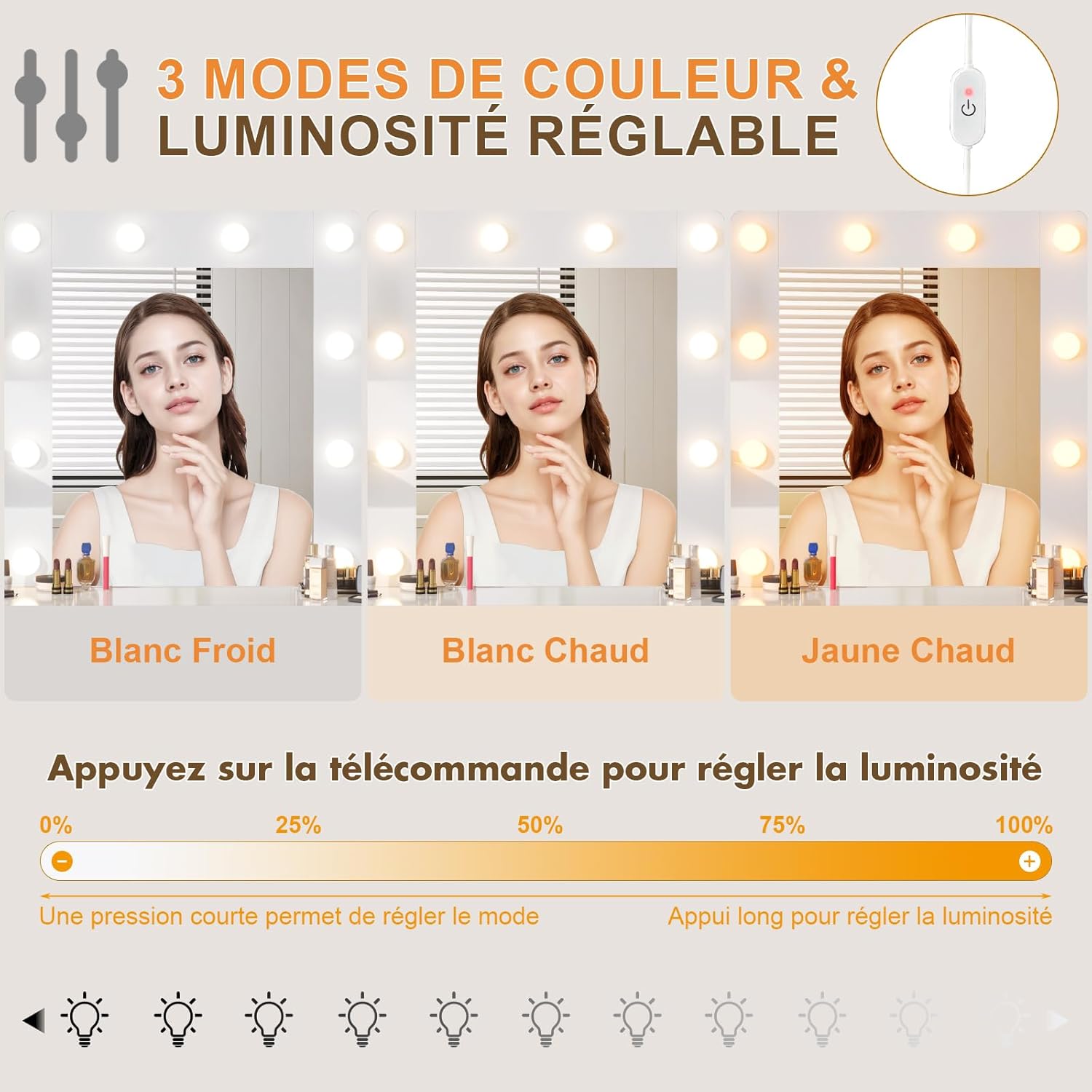Devoko Grande Coiffeuse avec Miroir et Tabouret, Ampoules LED Réglables et Prise de Courant,Table de Maquillage avec 7 Tiroirs et 4 Étagères de Rangement,110 x 40 x 137 cm,Style Moderne Blanc – Image 8
