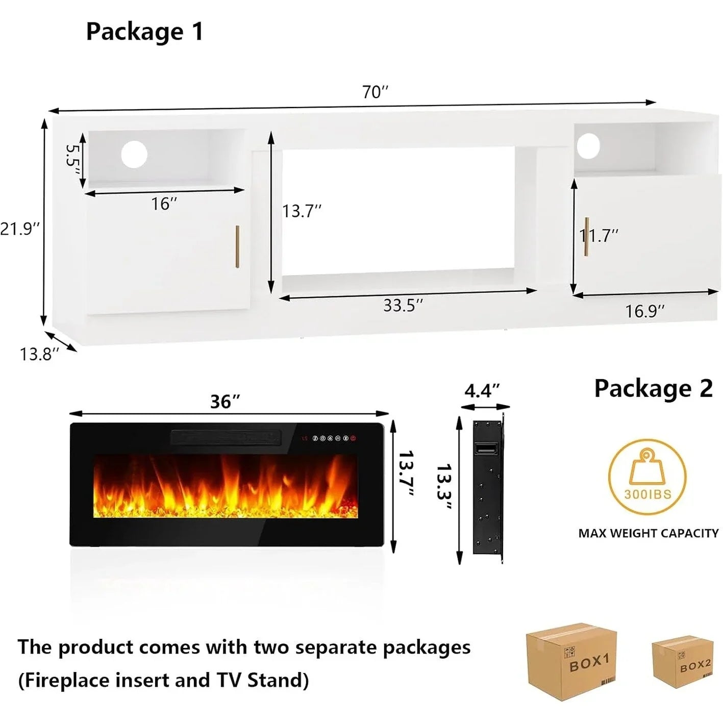 Bossin 70 Fireplace TV Stand with 36 Electric Fireplace, TV Stand for TVs Up to 80, 16 Colors LED Lights/Entertainment Center – Image 13
