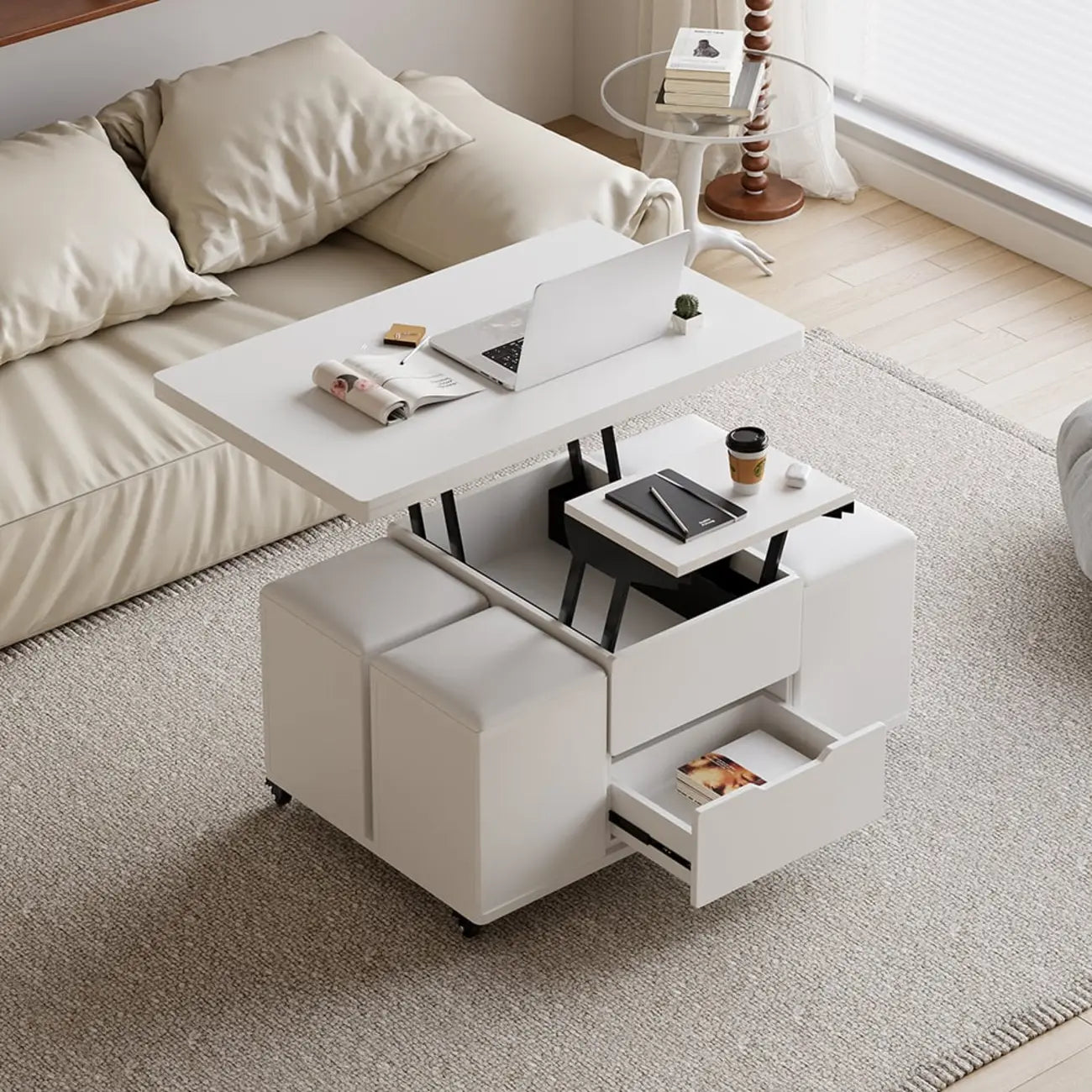 Foldable Lift-Top Coffee Table with 4 Stools & Storage – Image 20