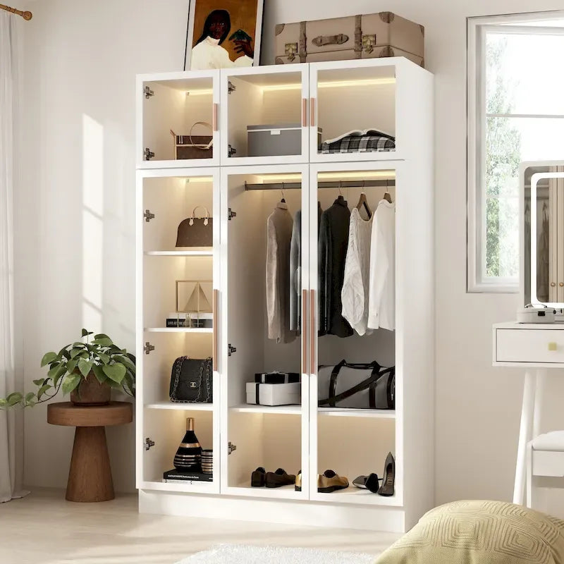 47.2 Wide Armoire LED Light All Glass Door Closet Cabinet Wardrobe – Image 38