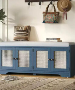Whisen Rustic Wood Storage Bench, Entryway Shoe Bench with Removable Cushion, Adjustable Shelves