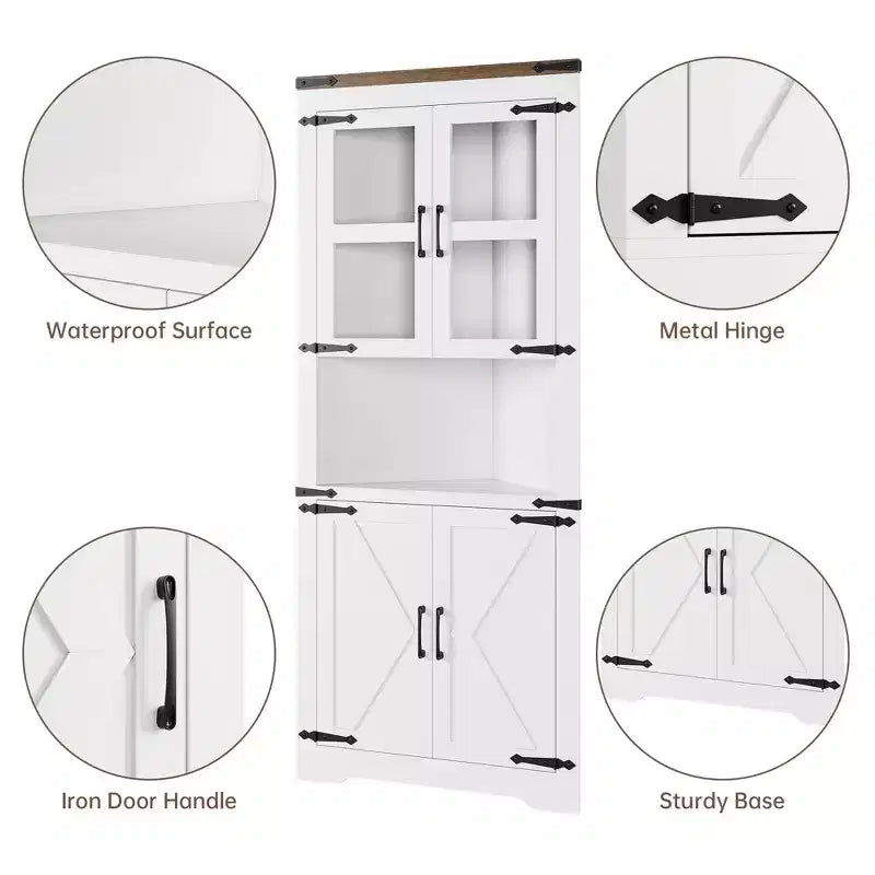 67 in Tall Corner Storage Cabinet with Lights, Farmhouse Corner Hutch Display Cabinet with Glass Doors, Wooden Storage Organizer for Kitchen, Bathroom – Image 21