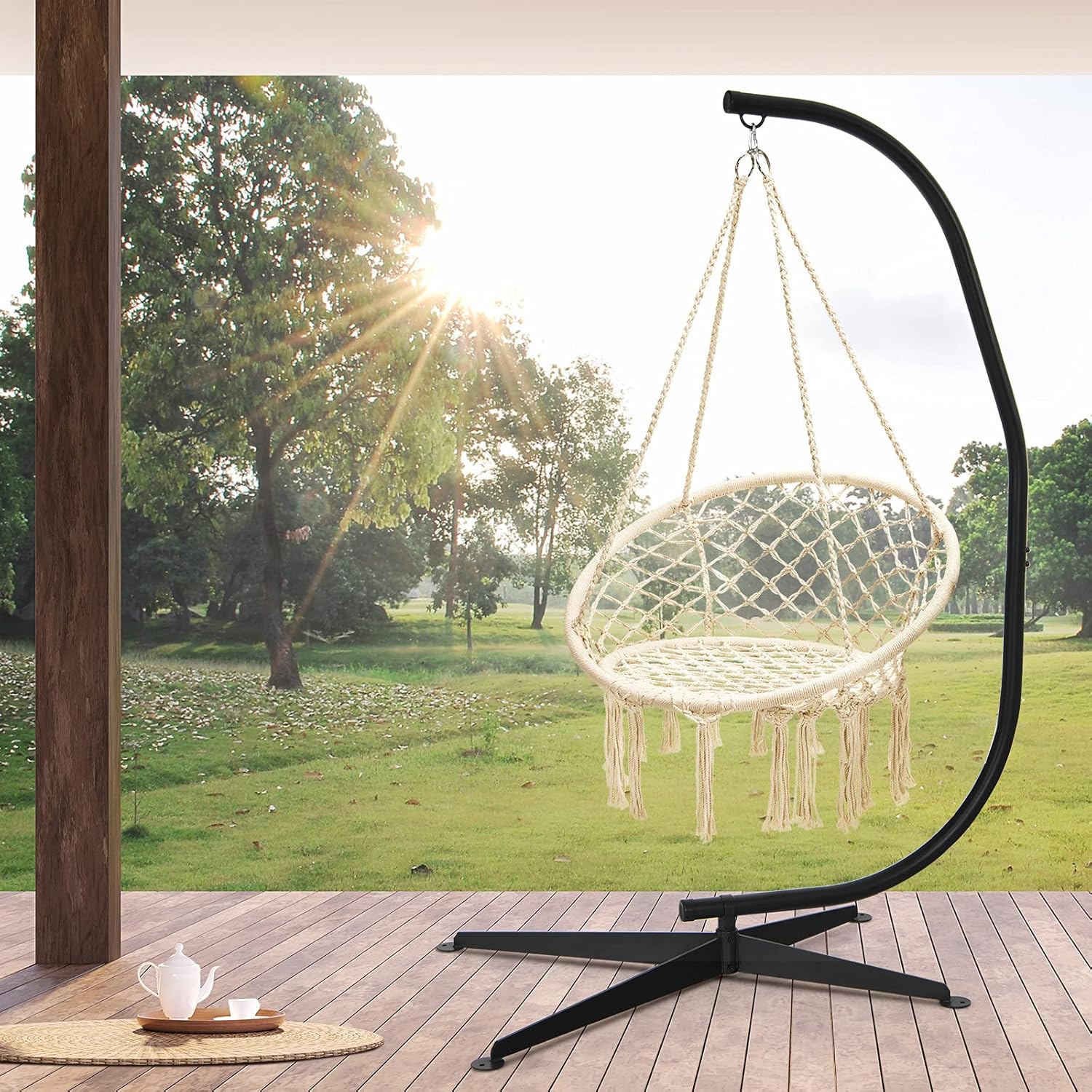 GIANTEX Support Fauteuil Suspendue Structure Métallique Robuste, pour Fauteuil Hamac Suspendu d'Intérieur et d'Extérieur/Balançoire Nid d'Oiseau, Charge de 150 kg, 111 x 84 x 207 cm, Noir – Image 2